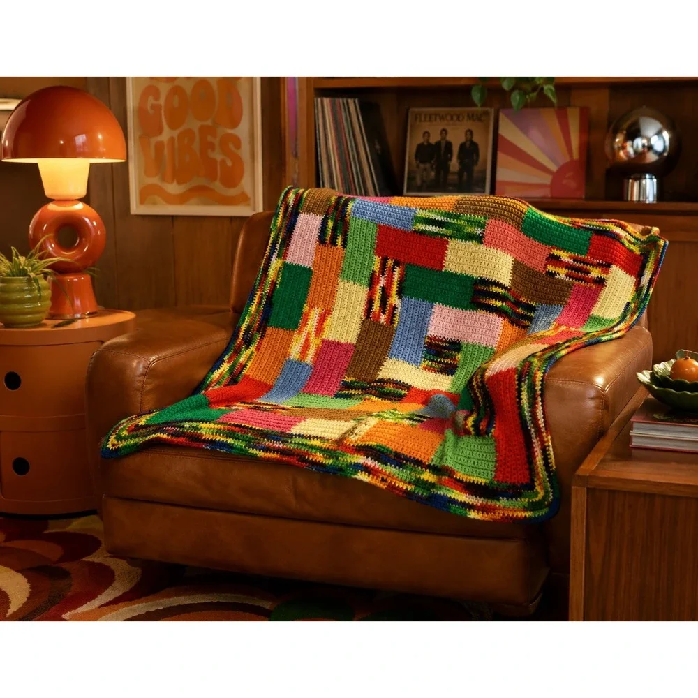 Vintage‎ Hand Crocheted Multicolor Patchwork Granny Square Baby Afghan Throw